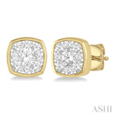 1/3 Ctw Cushion Shape Round Cut Diamond Lovebright Bezel Stud Earring in 14K Yellow and White Gold